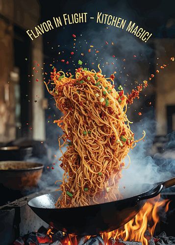 Flavor in Flight Kitchen Poster – Wok Noodles Food Art, Modern Restaurant & Kitchen Wall Decor by darrent Mark