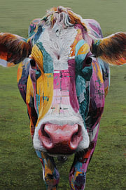 A multicoloured portrait of a curious cow by Eva Lee