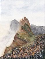 Nebliger Berg Aquarellmalerei Dolomiten Wandkunst Panorama Berg Kunstdruck braun grün Wanddekor