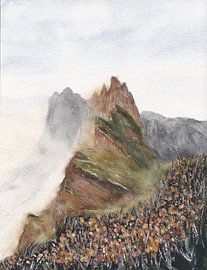 Misty mountains watercolor painting dolomites italy by Samantha Tang Studios