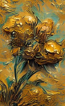 Abstracte bloemen goud en turquoise van Niek Traas