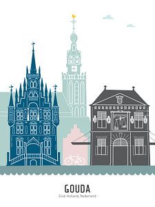 Skyline illustratie stad Gouda in kleur van Mevrouw Emmer