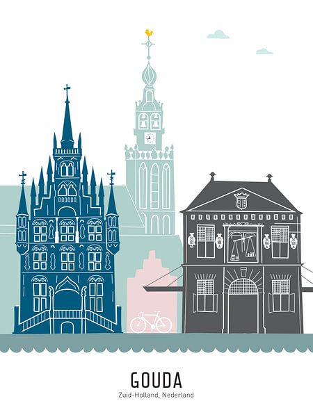 Skyline illustratie stad Gouda in kleur van Mevrouw Emmer
