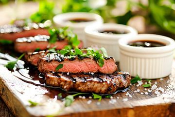 Juicy steak with herbs and sauces by Poster Art Shop