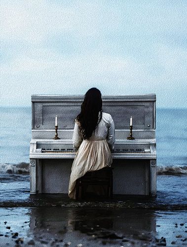 Femme mélancolique jouant du piano au bord de la mer Art mural côtier humoristique