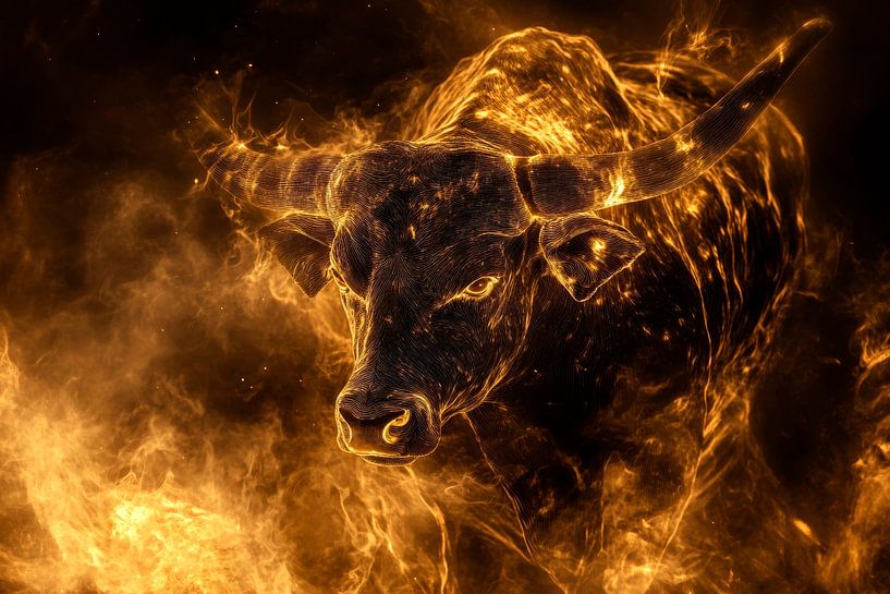 Glowing bull in flames - Dramatic by Poster Art Shop