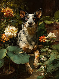 An Australian Cattle Dog amongst garden flowers