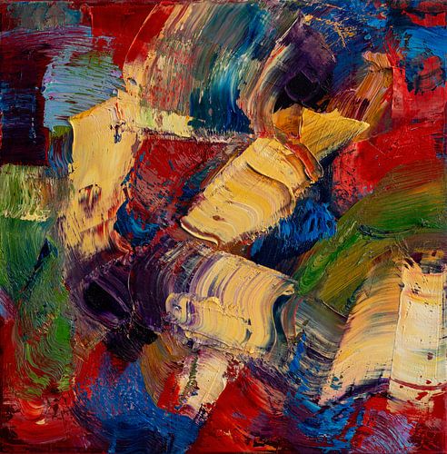 Abstract olieverf schilderij, Rood, geel, blauw, groen, paars, beige van BowiScapes abstract en digitale kunst