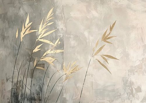 Gouden Planten | Elegant Schilderij met Goud en Grijs