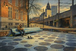 Man voert duiven in de stad