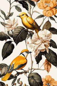 Impression de fleurs et d'oiseaux jaune orangé