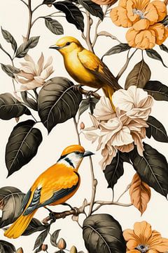 Oranje gele bloemen en vogels print van Digitale Schilderijen