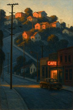 Los Angeles bij zonsondergang: steile straat en huisverlichting van Travel Shop