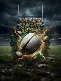 „Eat Sleep Rugby Repeat“ – Retro-Bootleg-Rugby-Poster als Wanddekoration von Art Bloom