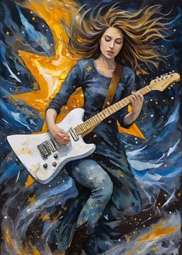 Vrouw speelt elektrische gitaar in abstracte sterrennacht van MIROKKU