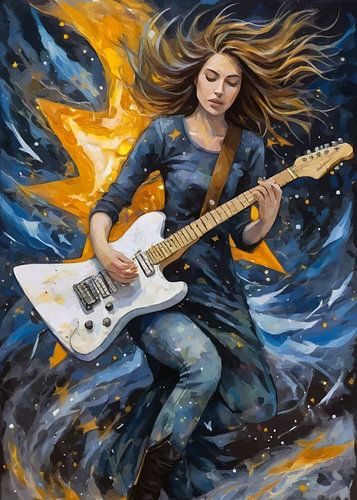 Vrouw speelt elektrische gitaar in abstracte sterrennacht