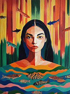 Femme parmi les poissons