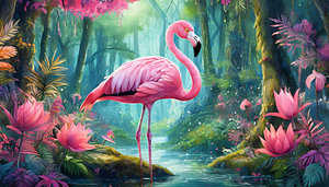 Flamingo steht in einem magischen Märchenwald mit Bach