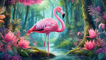 Flamingo stands in a magical fairytale forest with a stream by Animaflora PicsStock
