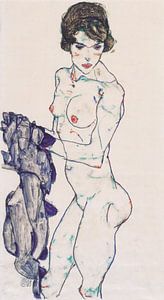 Stehender weiblicher Akt mit blauem Tuch, Egon Schiele - 1914