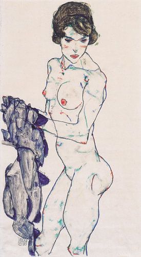 Staand vrouwelijk naakt met blauwe doek, Egon Schiele - 1914