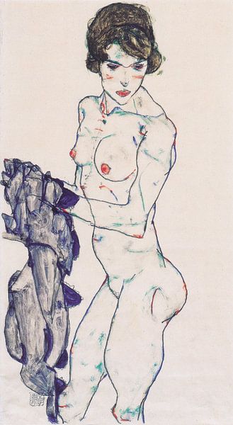 Staand vrouwelijk naakt met blauwe doek, Egon Schiele - 1914 van Atelier Liesjes