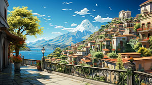 Kleines Dorf am See in Italien, gemalte  Illustration