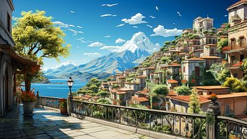 Small village at the lake in Italy, painted illustration by Animaflora PicsStock