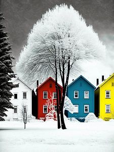Winterlandschaft Häuser Bäume grafisch stilisiert farbenfroh