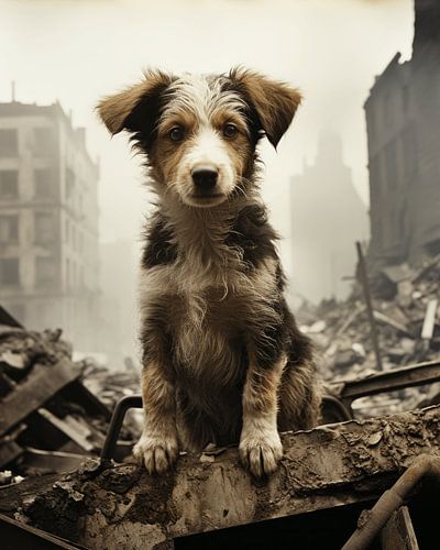Süßer Hund auf Trümmern