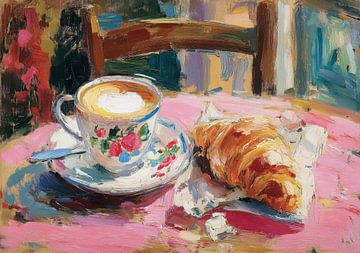 Kaffee und Croissant – Aquarell Tischszene von Niklas Maximilian