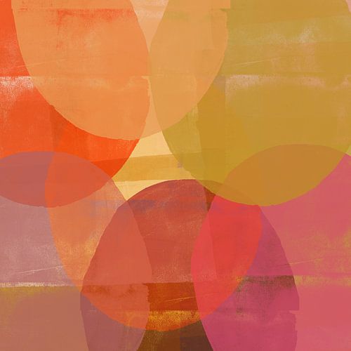 Kleurrijke abstracte kunst. Vormen in roze, oranje, oker, paars, rood.