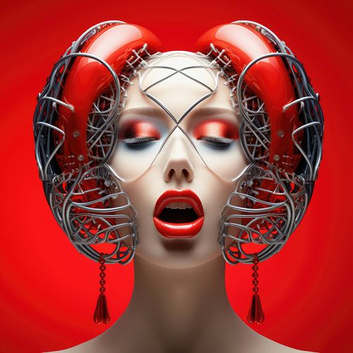 Digitaal creëerde hele mooie sexy vrouw met bizar fetisj masker in high fashion stijl