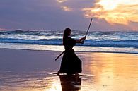Weibliche Samurai-Kriegerin mit japanischem Schwert (Katana) am Strand bei Sonnenuntergang von Eye on You Miniaturansicht