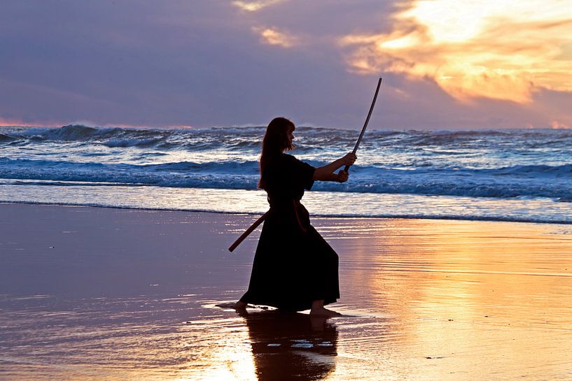 Weibliche Samurai-Kriegerin mit japanischem Schwert (Katana) am Strand bei Sonnenuntergang von Eye on You