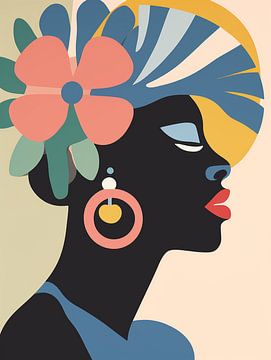 Femme africaine avec des fleurs, abstrait et moderne sur Caroline Guerain