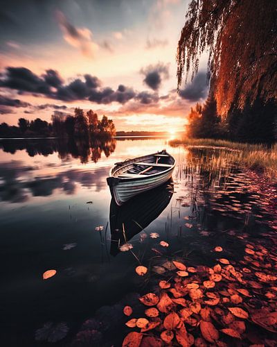 Boat in autumn on the lake