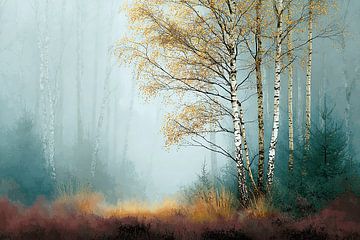 Le bouleau d'automne dans la brume chuchotante | Là où l'or et la brume s'embrassent sur Karina Brouwer