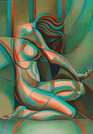 Cubist Nude in Blue-Green and Red by Corné Akkers