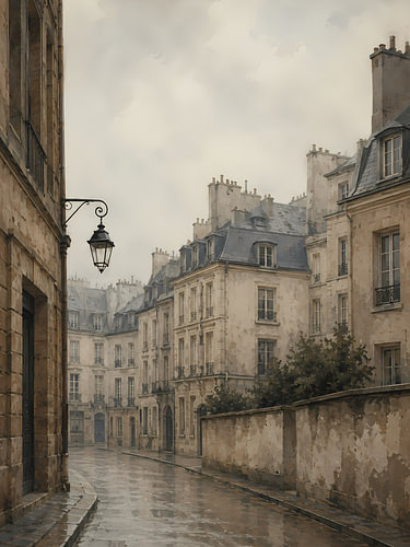 Eine regnerische Straße in Paris