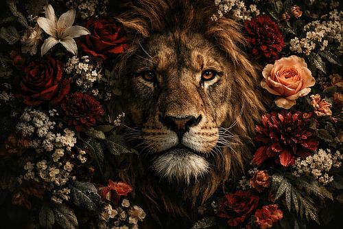 Majestic Bloom Lion – Luxury Fine-Art Wildlife & Floral Portrait