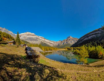 Häuser und Berghütten am See Lac de Derborence, Cothey, Wallis Wallis, Schweiz