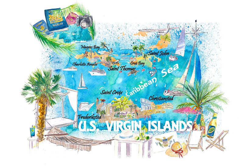 US Virgin Islands Illustrierte Reisekarte mit Straßen und Highlights von Markus Bleichner
