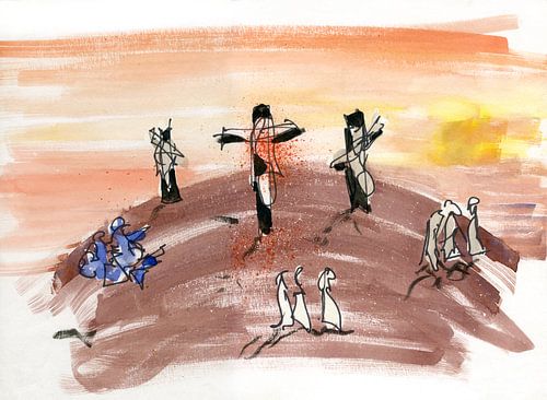 Pasen en Goede Vrijdag: Jezus' kruisiging op Golgotha, Jerusalem.