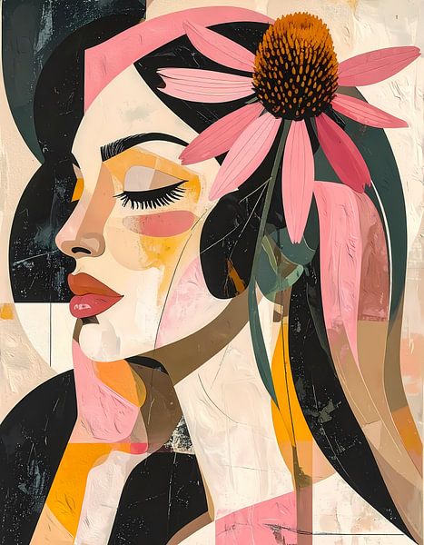 Eine Frau mit einer großen rosa Blume im Haar - figurativ von Emiel de Lange