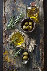 Olives et huile d'olive Nature morte sur Poster Art Shop