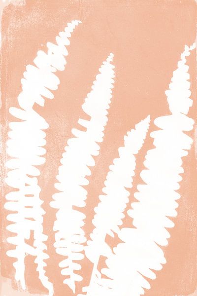 White ferns  in retro style. Modern botanical art in light terracotta or pink salmon colo by Dina Dankers