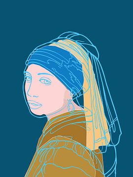 Girl with Pearl Earring - Aqua Blue Line Art Version von Mad Dog Art