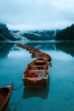 Boats on the lake Lago Di Braies by Marianne Voerman