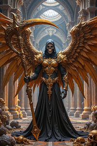 Dark Fantasy Wandbild: AUREXIS – Der goldene Grim Reaper in einer Kathedrale